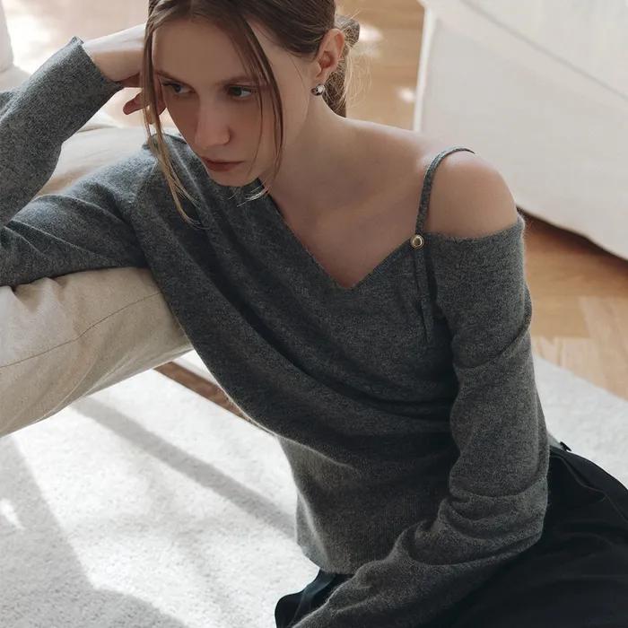 comos 1265 button slit off-shoulder knit (melange gray)