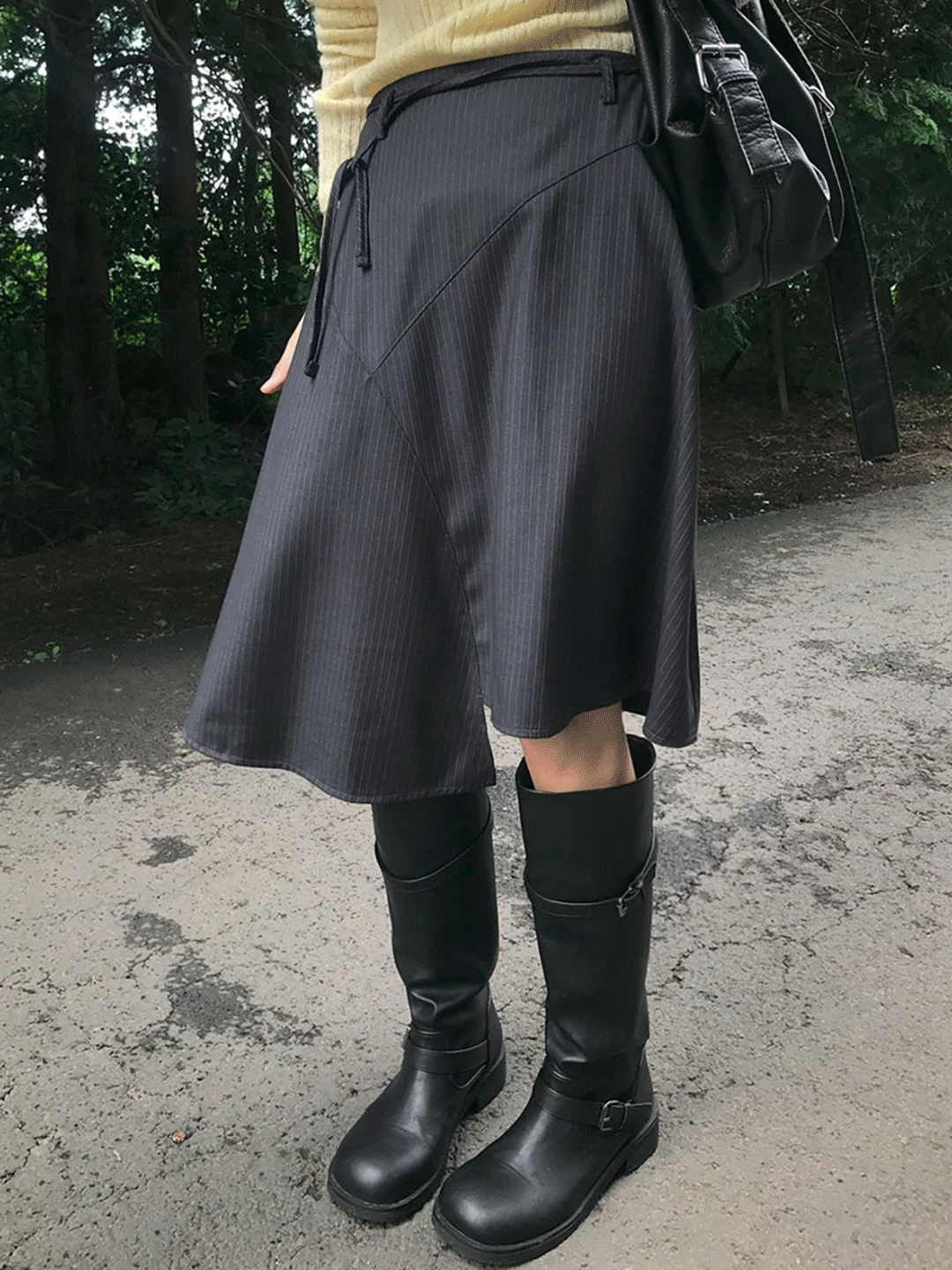 다비치 언발 스트라이프 스트랩 미디 스커트 (2color) 여성 fw 가을 패턴 하객룩 출근룩 오피스룩