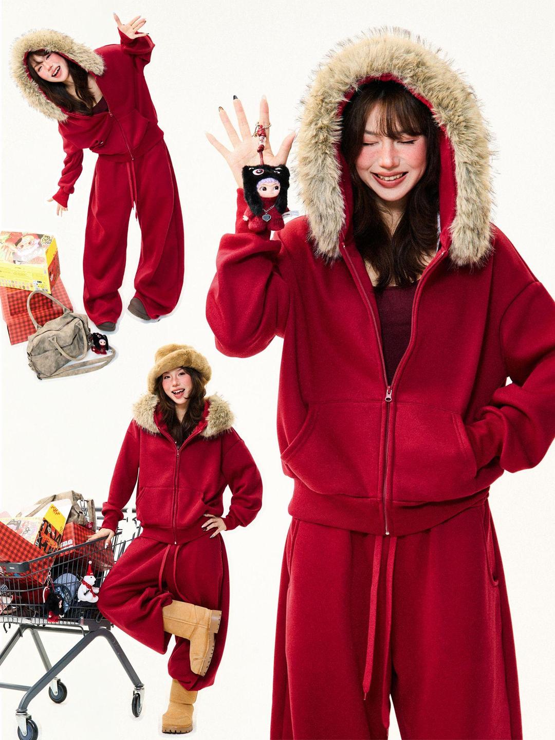 레드 기모 후드티 조거팬츠 세트 한정