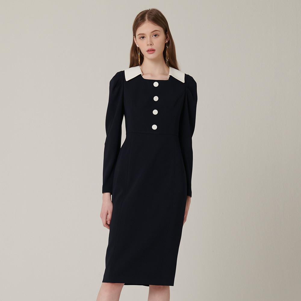 [SATIN] [안은진 착용]스퀘어넥 배색카라 슬림 H라인 원피스 S221S610