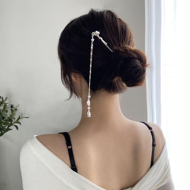 [당일출고] 메탈 젓가락 드롭비녀 플라워 진주 헤어 [실버] No.921