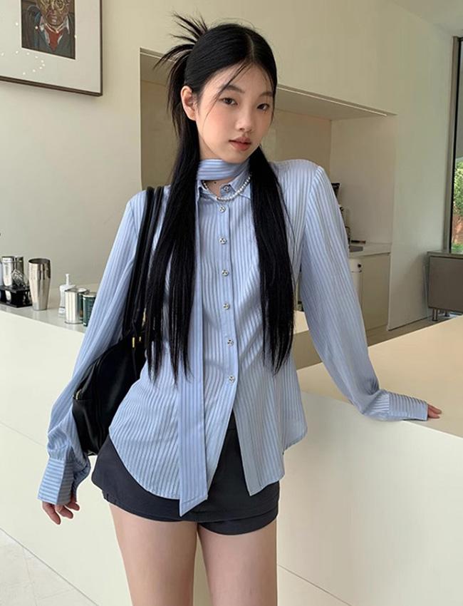 더에펠 디어 블루 스트라이프 타이 셔츠 블라우스