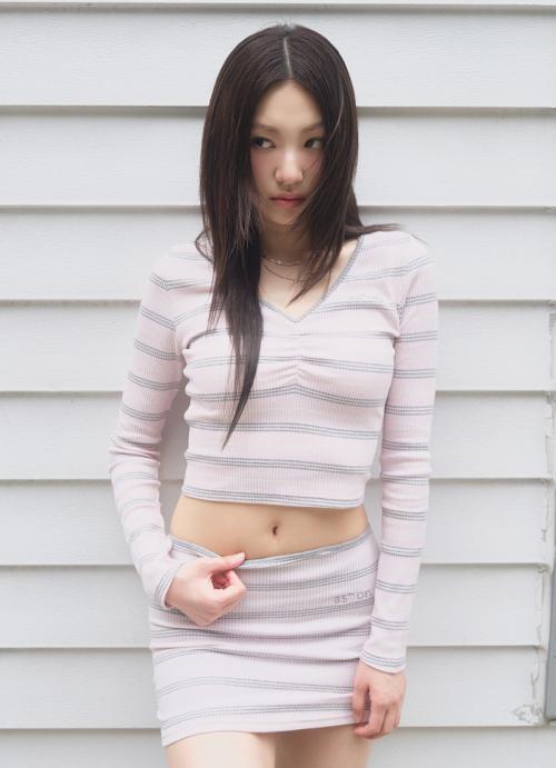 BUMBLE STRIPE SHIRRING TEE / PINK