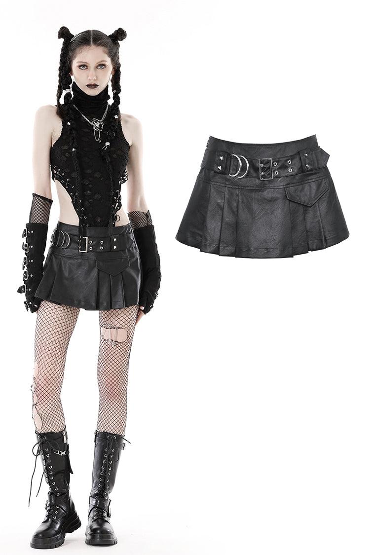 Punk PU metal belt asymmetrical pleated mini skirt KW304 - L
