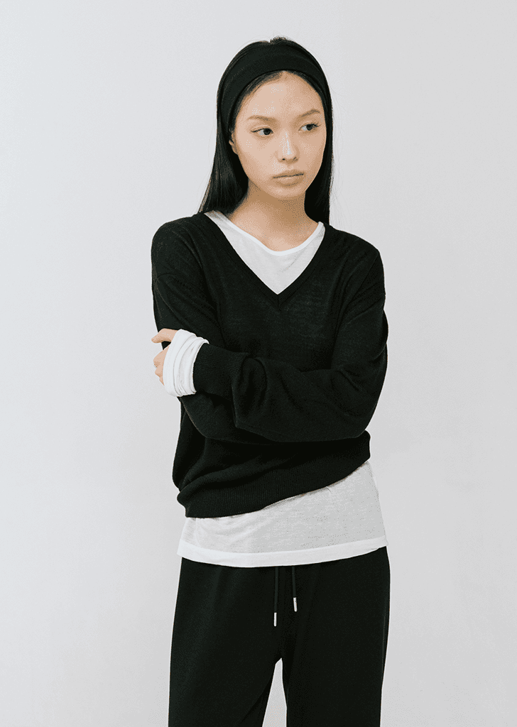Silky wool v-neck pullover / Black