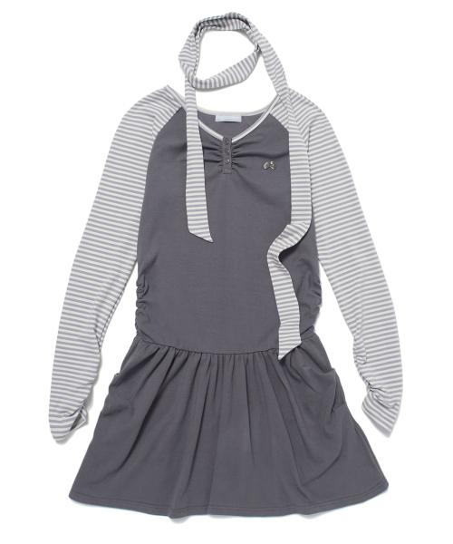 스트라이프 헨리넥 드레스 (퍼플)