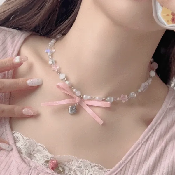 [별💫하트💖] 바비 리본 큐빅 초커 목걸이 - 비즈 큐빅 체인 하트 매듭 진주 핑크 펄