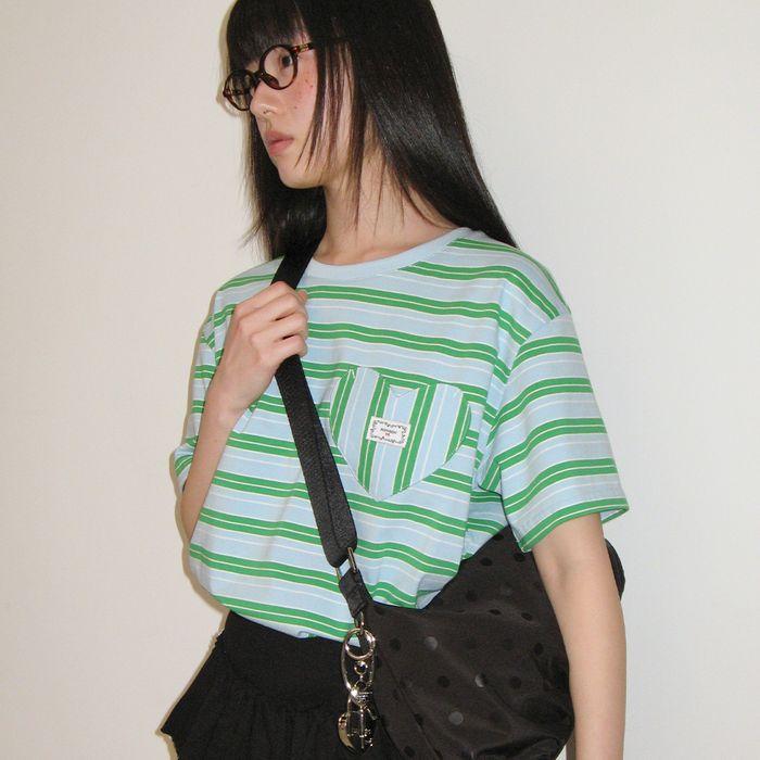 MULTI STRIPE HEART POCKET BASIC FIT T SHIRT SKY BLUE