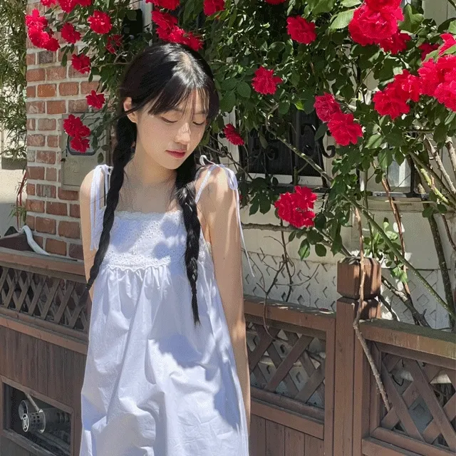 퓨어 코튼 빈티지 펀칭 리본 롱원피스 2COLOR