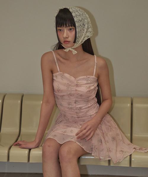 FLOWER SHIRRING ONE PIECE PINK