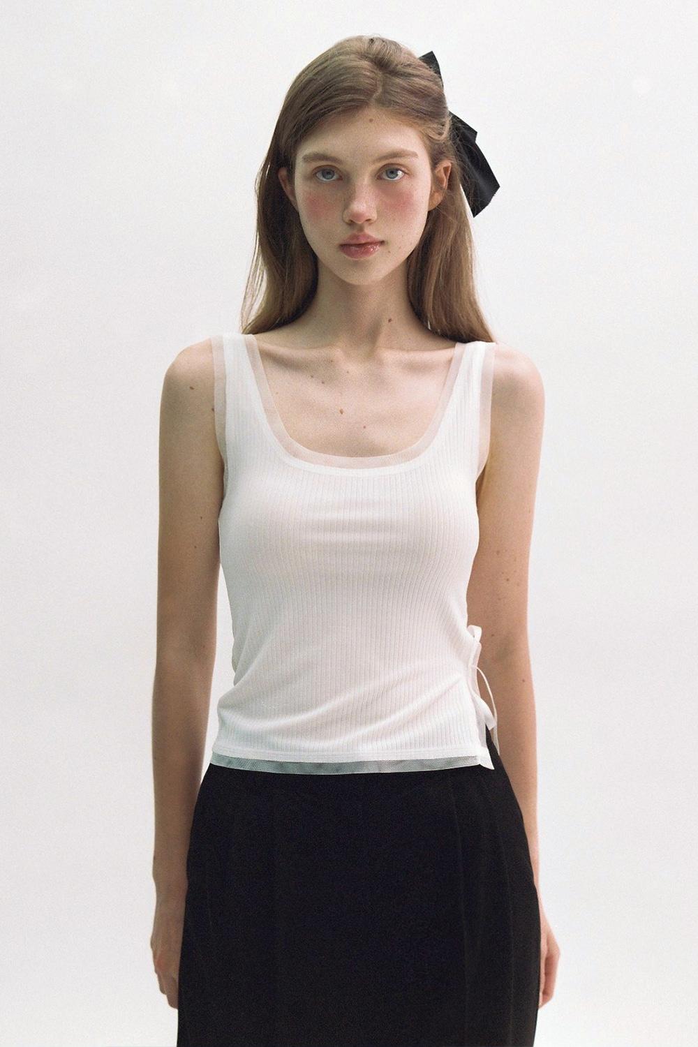 [3차: 8월 6일 예약배송] MESH SATIN RIBBON SLEEVELESS SHIRT_TT5S217IV