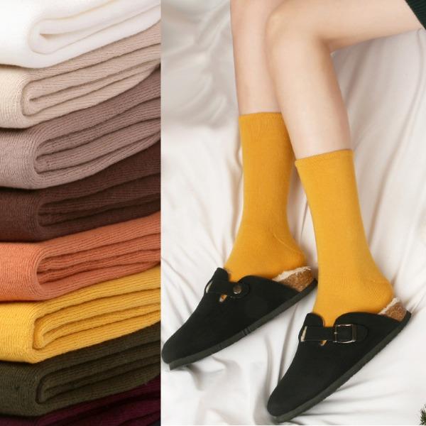 W649 따뜻한 데일리 무압박 순면 통파일 무지 긴 양말 여자 남자