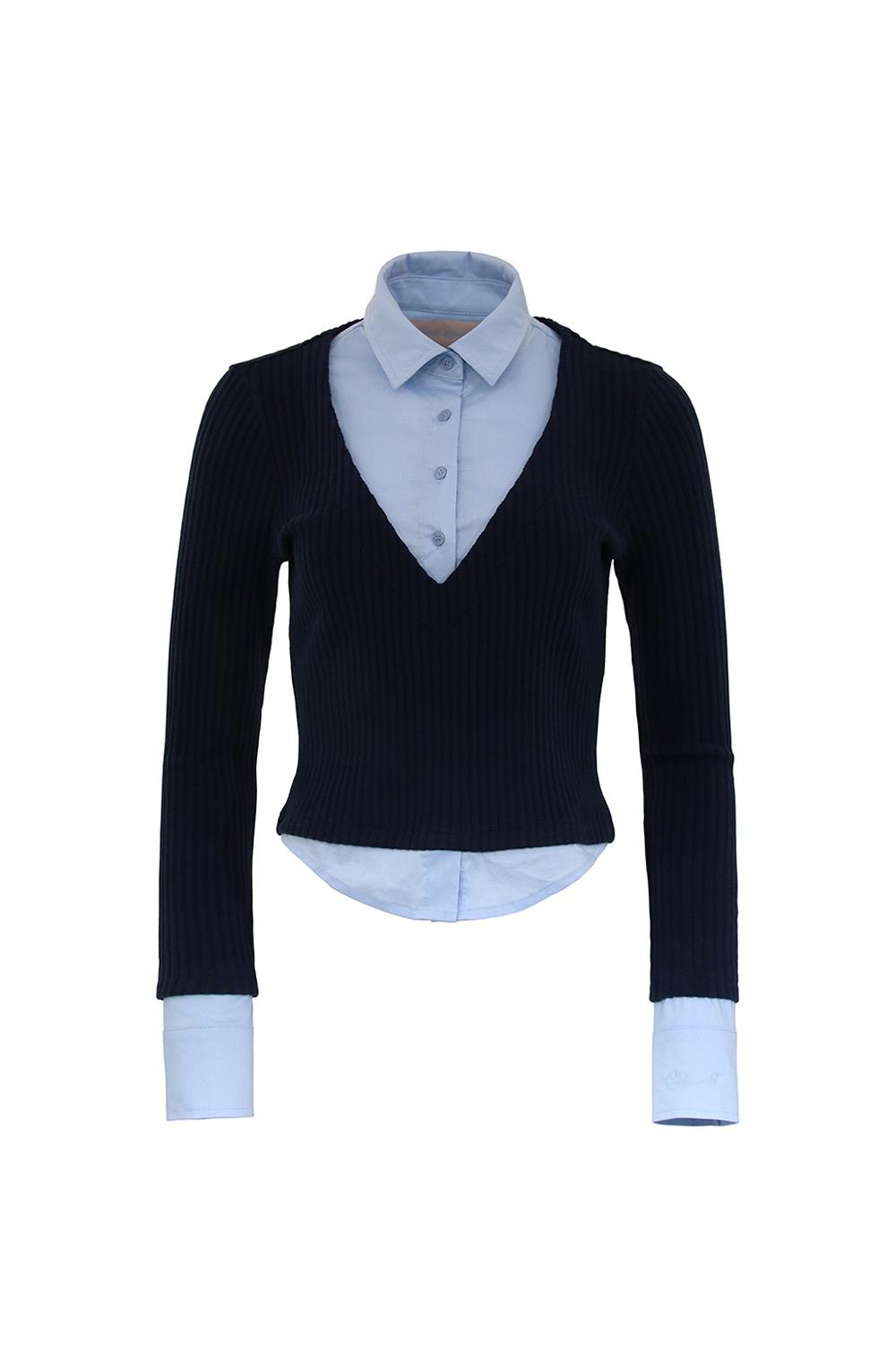 LAYERED V NECK KNIT SHIRTS SKY/NAVY