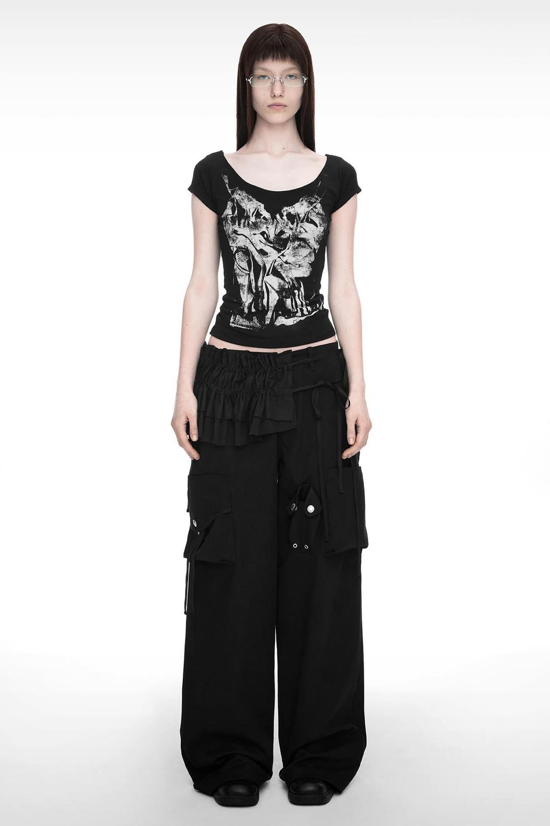 STRAP WIDE CARGO PANTS (UNISEX) BLACK