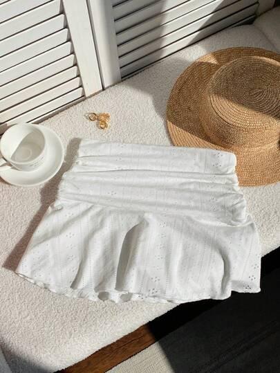 Comfortcana White Perforated Texture Ruched A-Line Mini Skirt