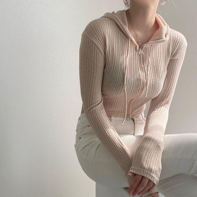 지지 크롭 후드 집업 골지집업 4col_무드글램