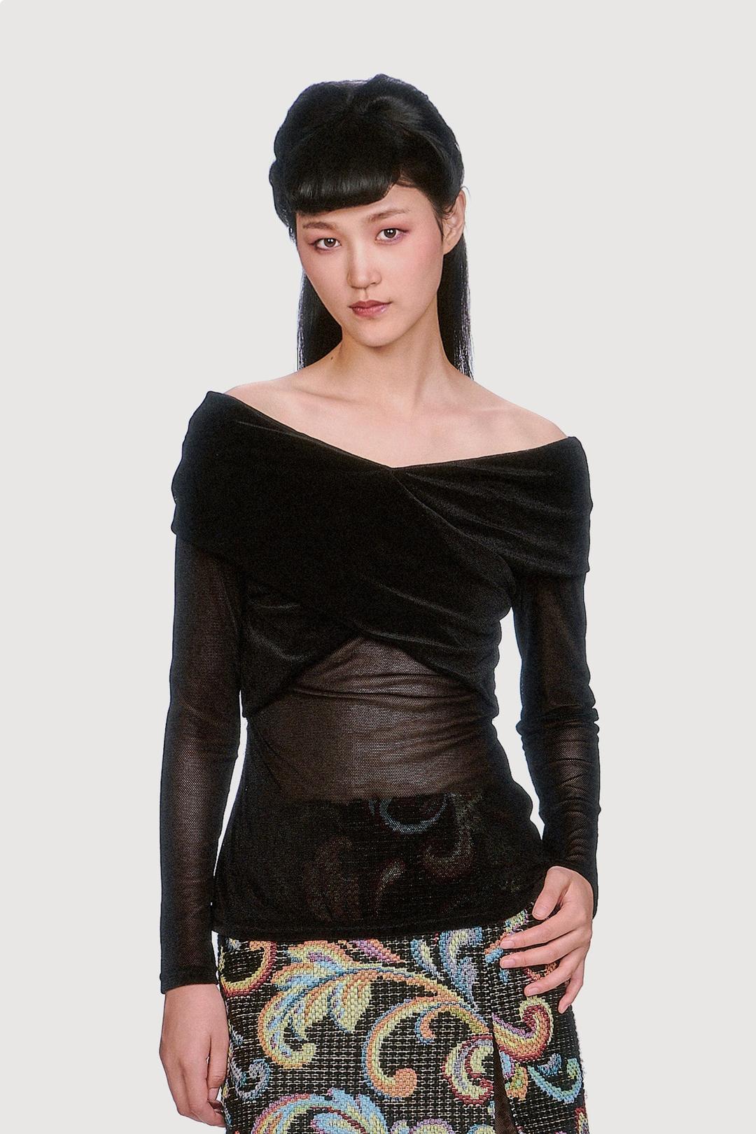 Velvet Mesh Off the Shoulder Top - Black - P