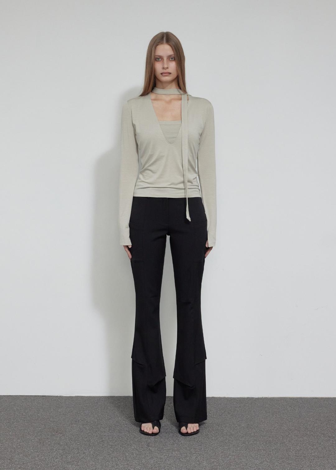 TIE DEEP V-NECK TOP, BEIGE