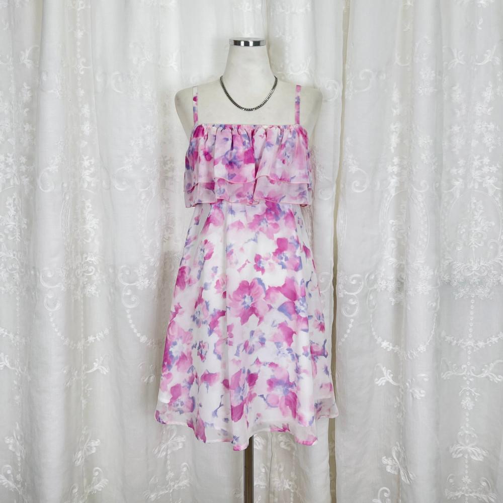 [중고] 1568 세실맥비 핑크 퍼플 플라워 프릴 끈원피스