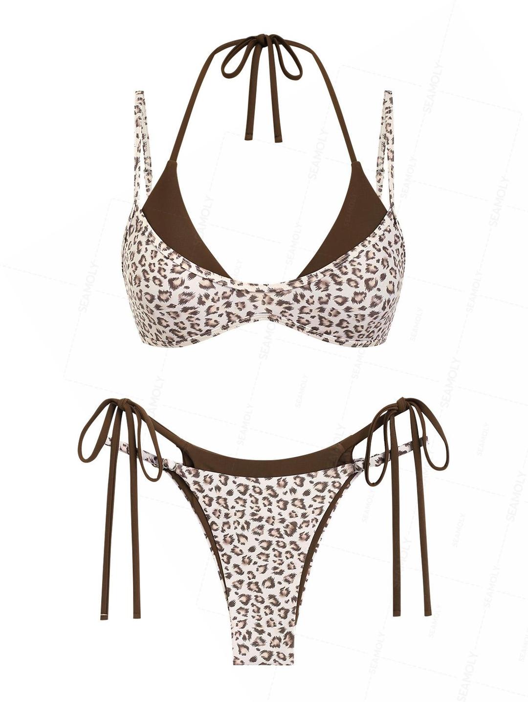시몰리 레오파드 프린트 타이 사이드 더블 레이어 비키니 세트
