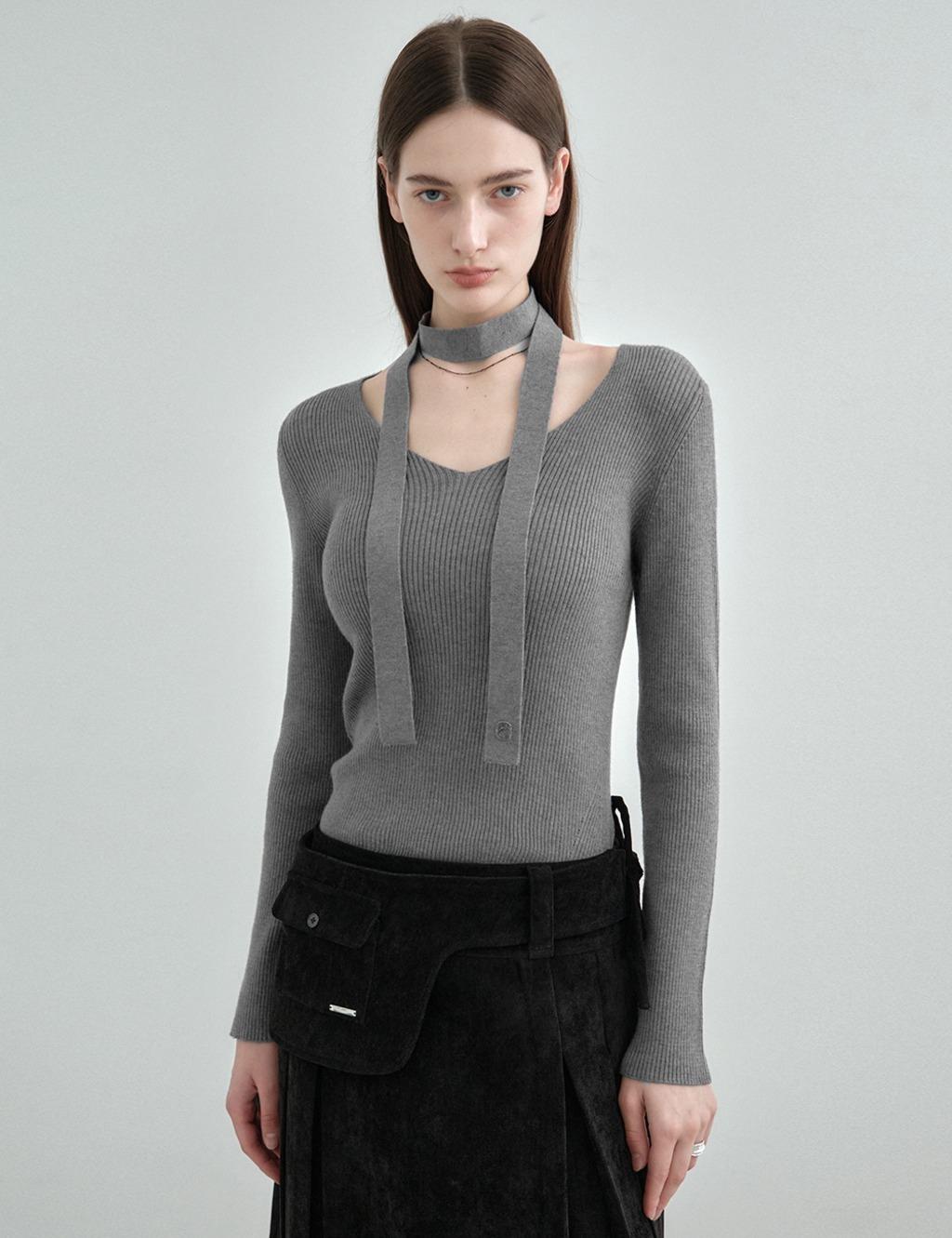 [머플러 SET] 브이넥 슬림 골지 니트 탑 MDKT122_6 Colors