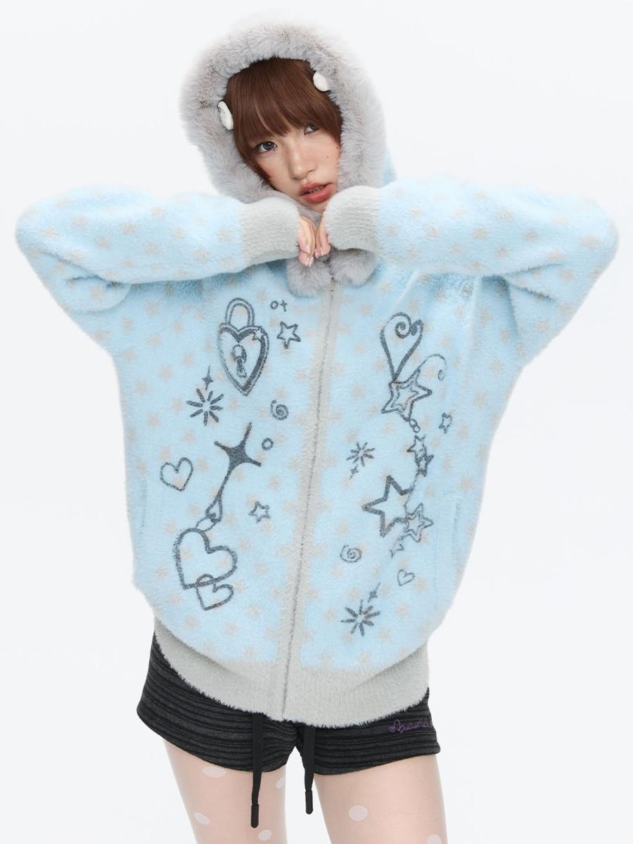 BETWEENAND Soft Sticky Jacquard Mink Hoodie Jacket (2color)