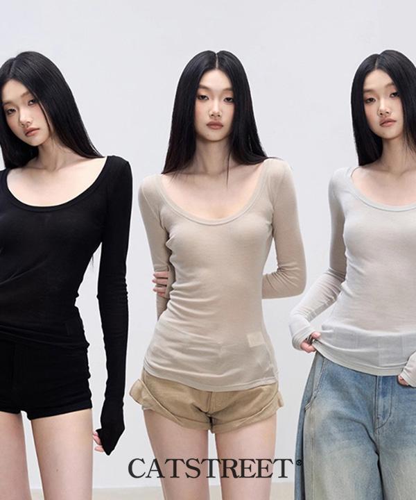 캣스트릿 시스루 와이드 U넥 긴팔티 (블랙,민트,베이지)