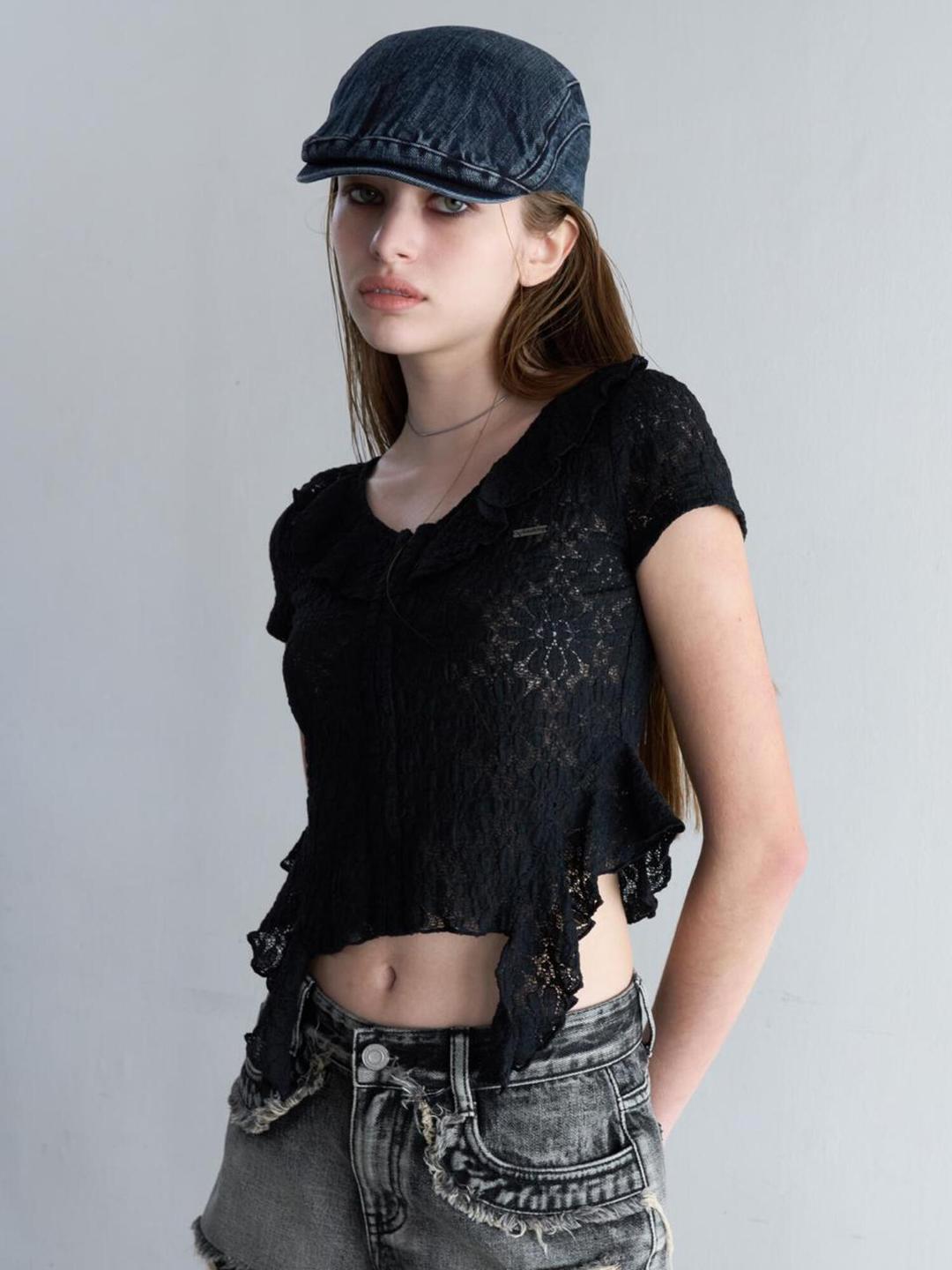RUFFLE WRINCLE BLOUSE [BLACK]