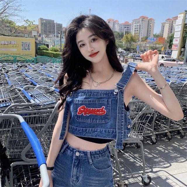 [해외] SET 스플릿 오버롤 하이틴 뉴트로 Y2K 데님 투피스 멜빵 오버롤 크롭탑+데님팬츠 세트