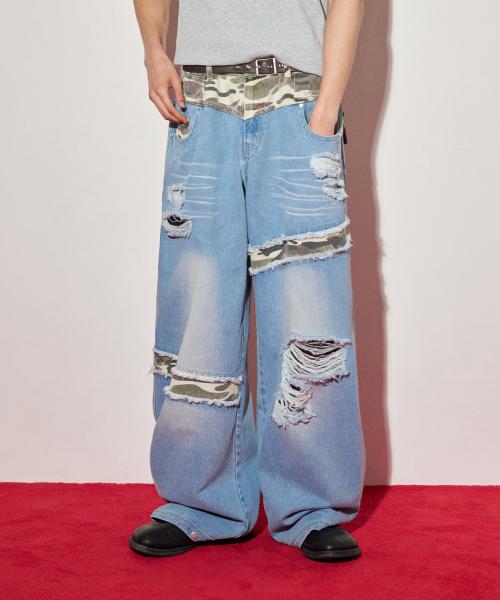카모 믹스 데미지 와이드 데님팬츠 라이트블루