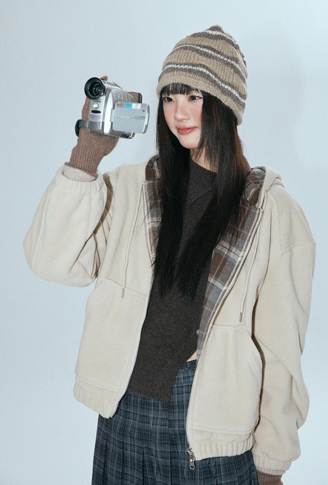 체크배색 플리스후드 집업_MIWJMG137C