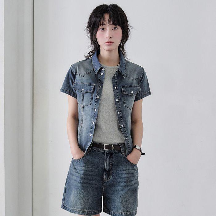 (W)Western Slim Denim Short Shirts DCWSH002BlueA