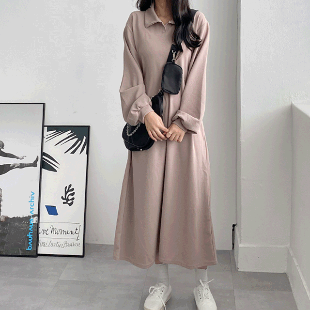 [*당일발송*/꾸안꾸/핏대박] 스판 PK 카라 허리 리본 롱 원피스