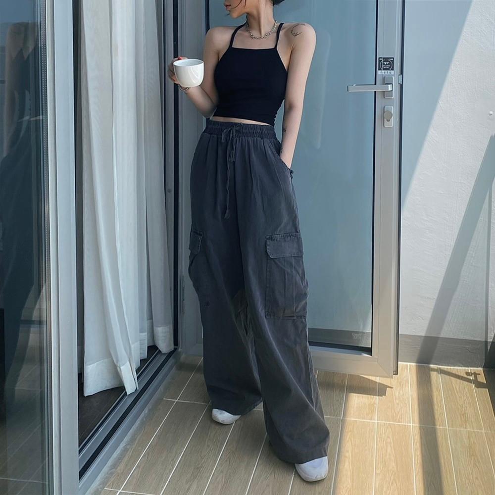 여자 여성 아메카지 카고 와이드 피그먼트 피그 면 밴딩 포켓 워크 팬츠 통넓은바지 바지