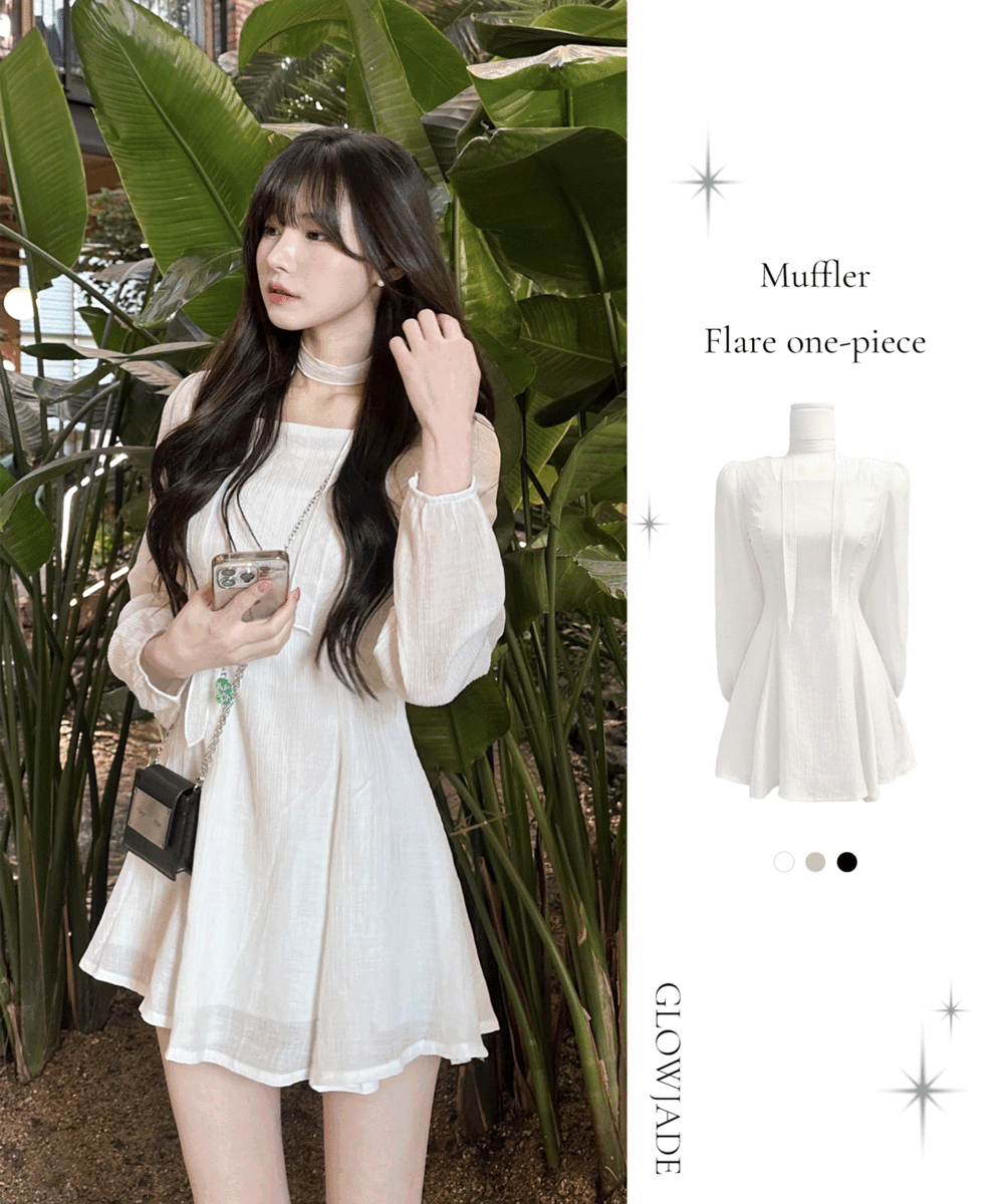 플레 스퀘어넥 쉬폰 스카프 슬림 플레어 퍼프 원피스 -4color