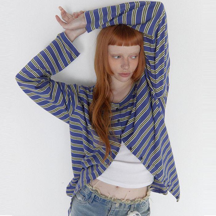 Stripe Button Long Sleeve Blue