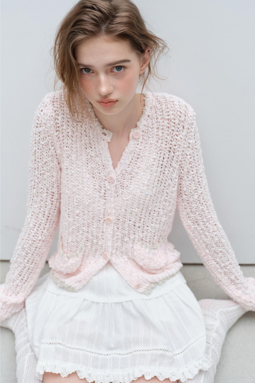 SHEER POP CORN KNIT CARDIGAN (BABY PINK)