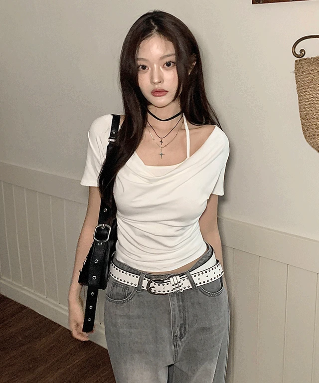 [홀터넥 일체형💗허리잘록] 데어 홀터넥 레이어드 일체형 드레이프 셔링 오프숄더 투웨이 여름 반팔 티셔츠 / 데이트룩 소개팅룩 데일리룩 페스티벌룩 휴가룩 클래식블랑