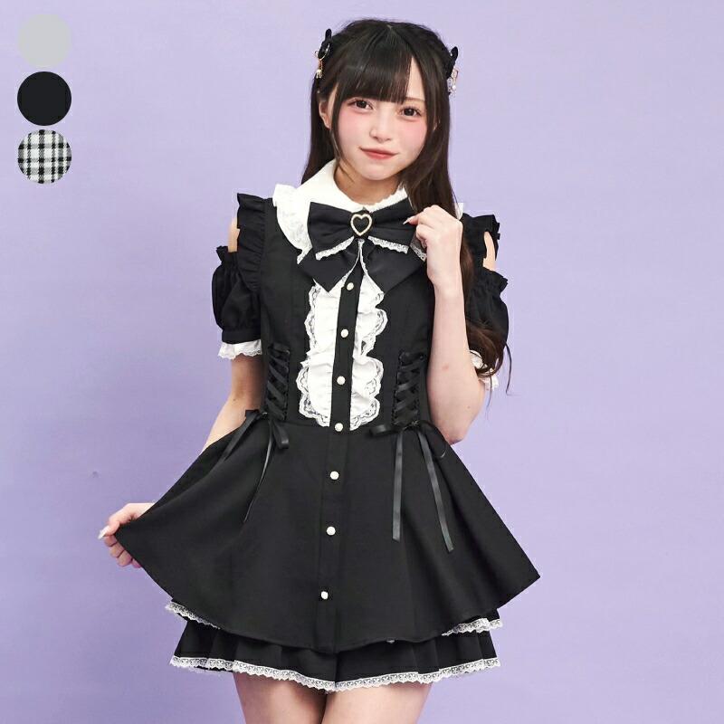 【楽天市場】サイドレースアップオフショル半袖セットアップ4/23 12:00 販売スタートsecrethoney　シークレットハニー　シーハニ　量産型　レディース　ガーリー　半袖　無地　チェック　グレー　ブラック　黒：Secret Honey