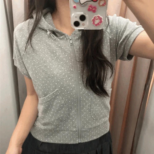 도트 후드 슬림핏 크롭 집업 반팔 코튼 점퍼