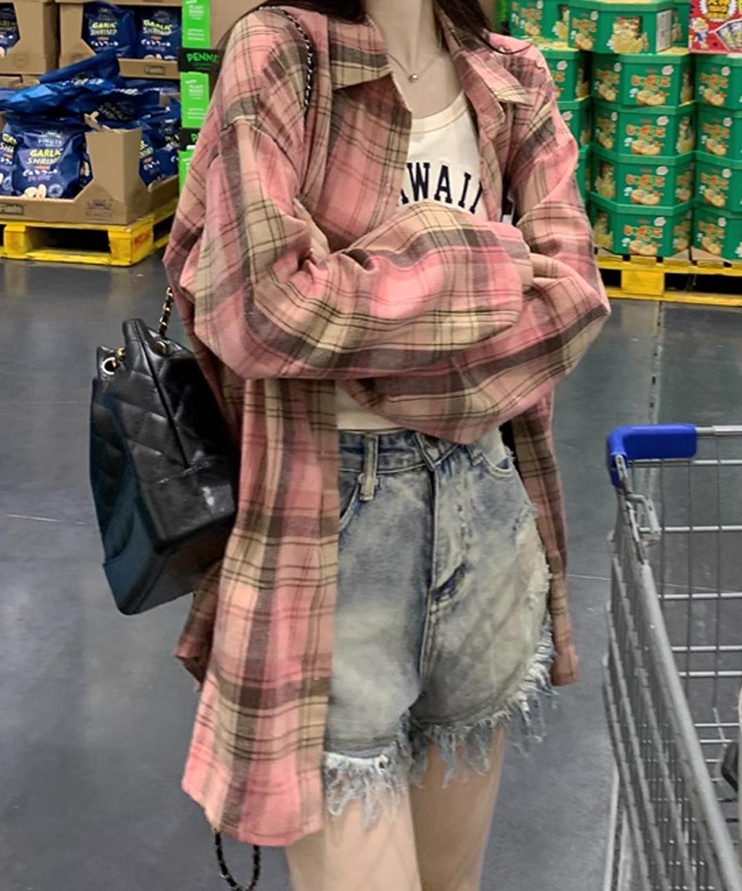 미즈민 [빠른출고🎀빈티지 핑크/가볍고 소프트한 소재👑루즈핏 데일리/레이어드🚚무배] 보타니 루즈 체크 셔츠 s160122