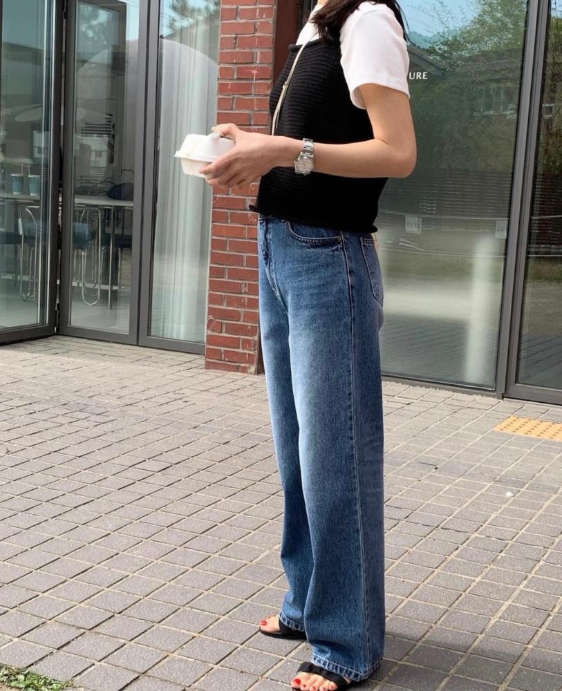 BR 브런치 와이드 중청 데님 팬츠 코튼 일자 워싱 청바지