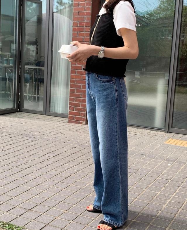BR 브런치 와이드 중청 데님 팬츠 코튼 일자 워싱 청바지