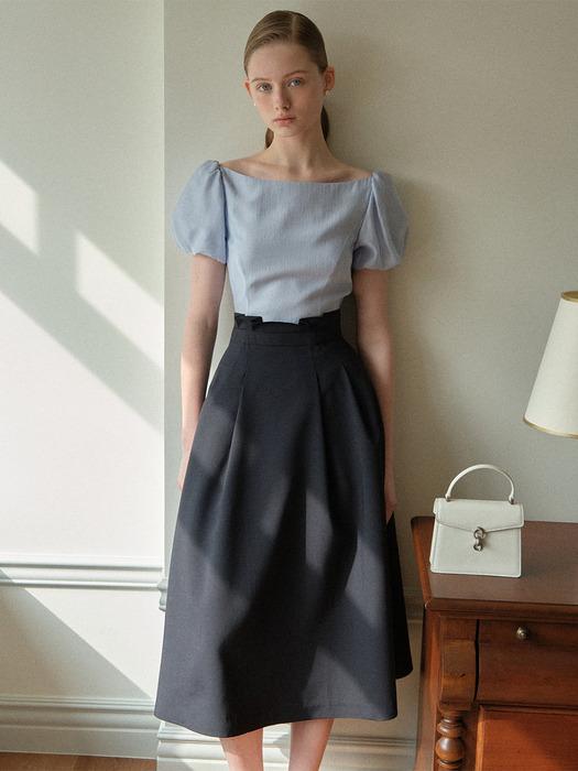 ANNA Boat neck block layered voluminous long dress (Blue&Deep navy/Cream&beige)