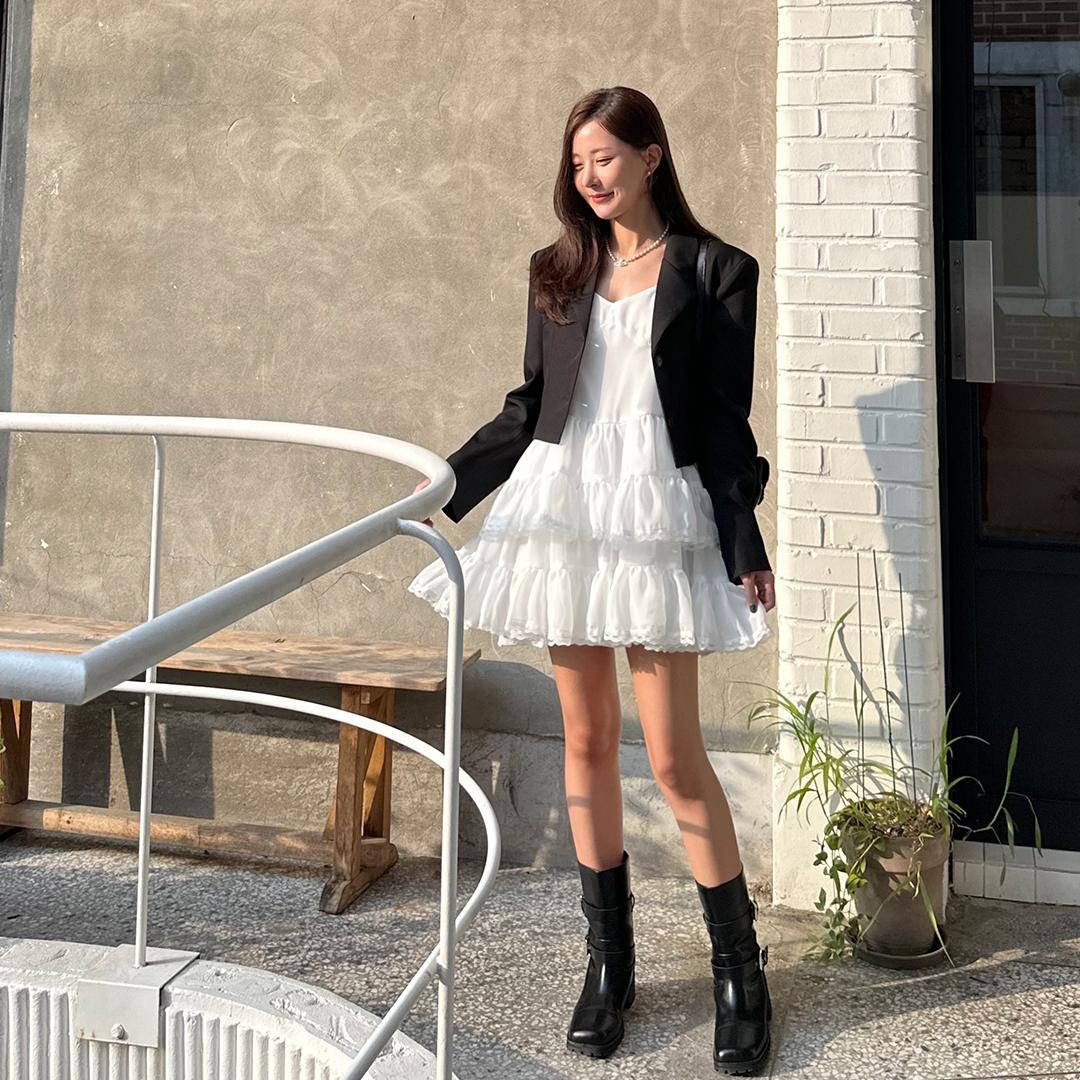 키치 뷔스티에 캉캉 프릴 미니 원피스 / 화이트, 블랙