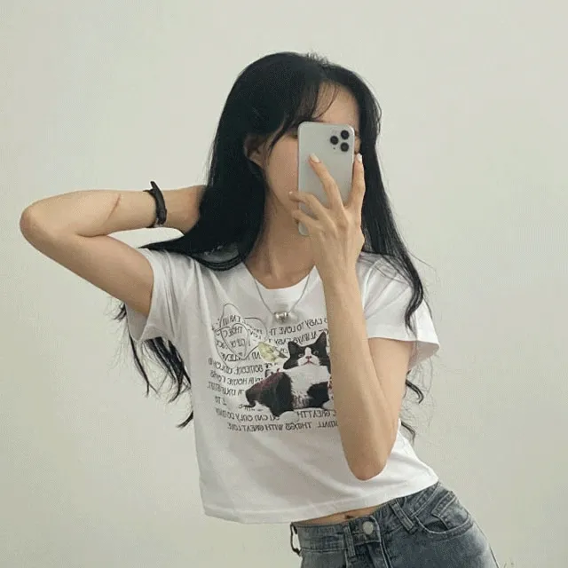 [2color]키치 나비캣 크롭 반팔티