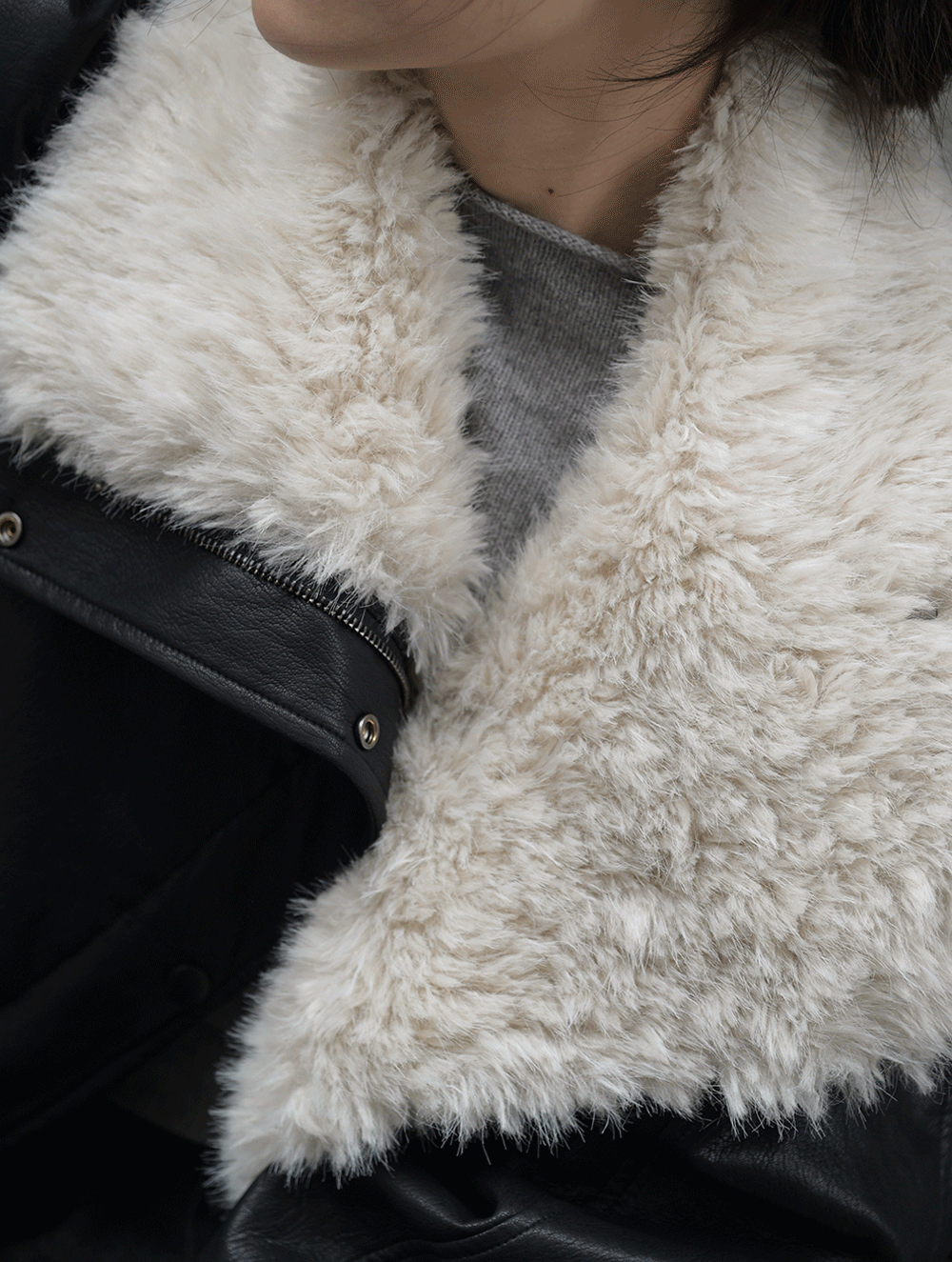 오브이베브 비스코 레더 퍼 자켓(털안감)겨울/퍼자켓/출근룩/하객룩/연말룩/퍼/트리밍/자켓/라이더/레더/가죽/빅카라/털안감/한파룩/여행룩