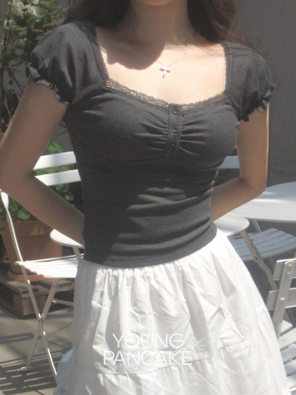 [문의폭주/몸매보완] Bazil puff lace button t-shirt (3 color)