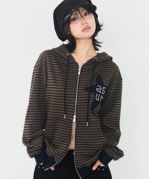 스타 패치 오버핏 후드 집업 네이비 카키