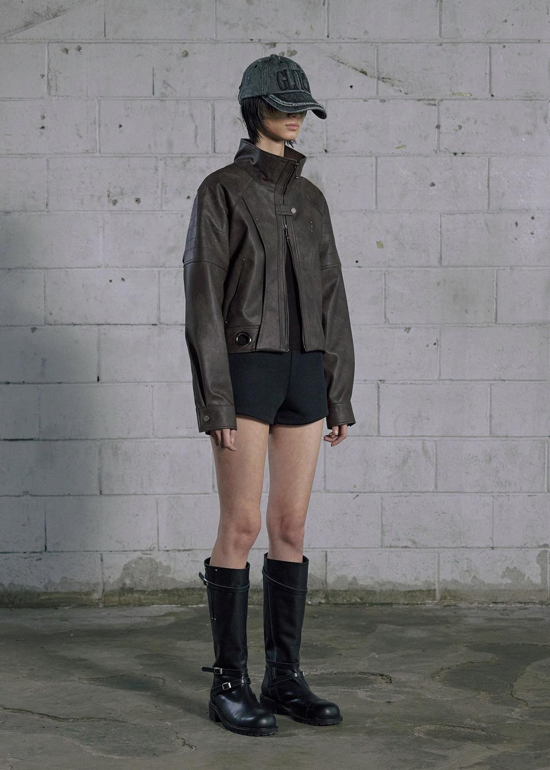 MOTORCYCLE LEATHER JACKET, DARK BROWN